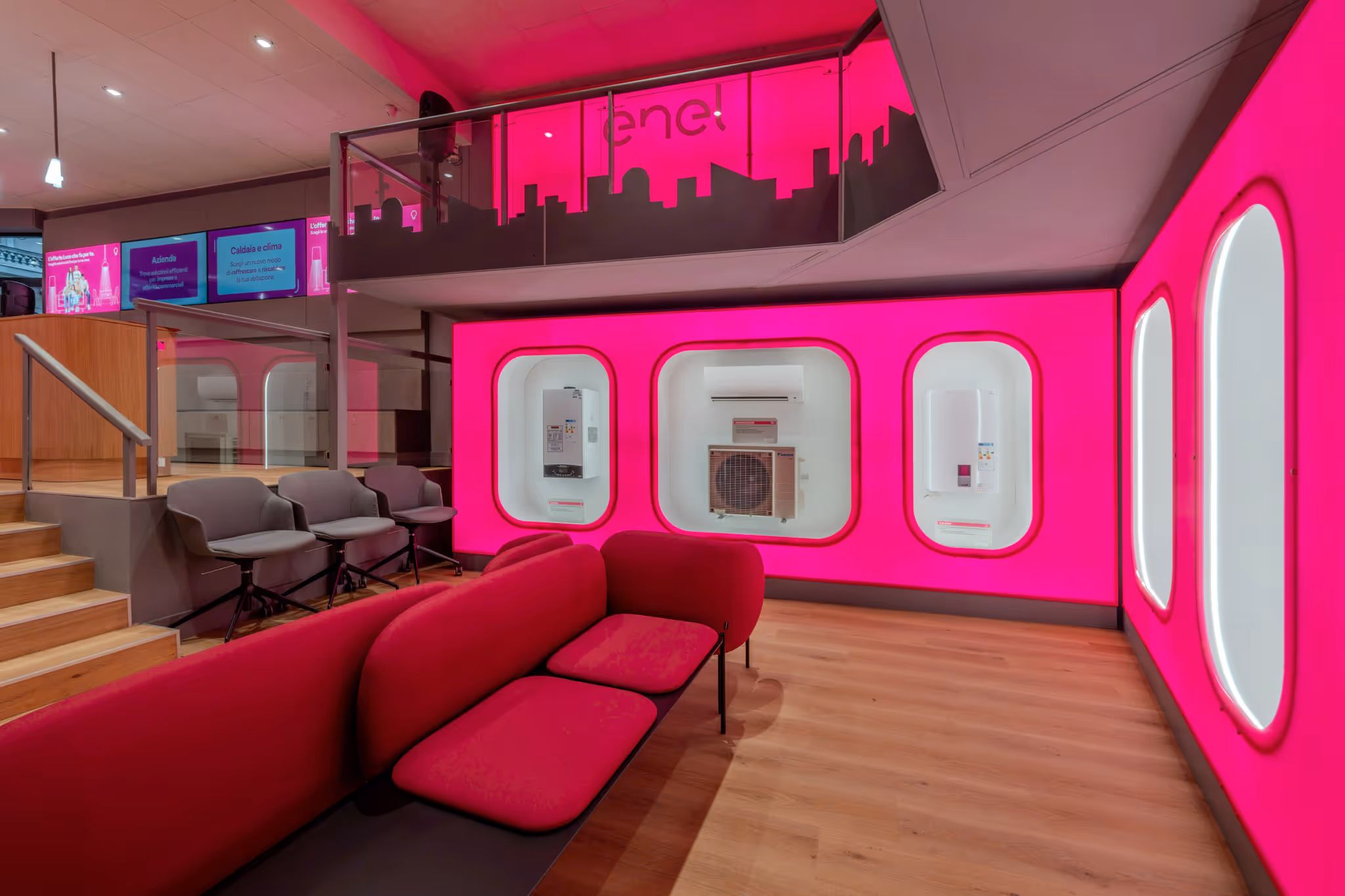 Lounge futuristica illuminata di rosa