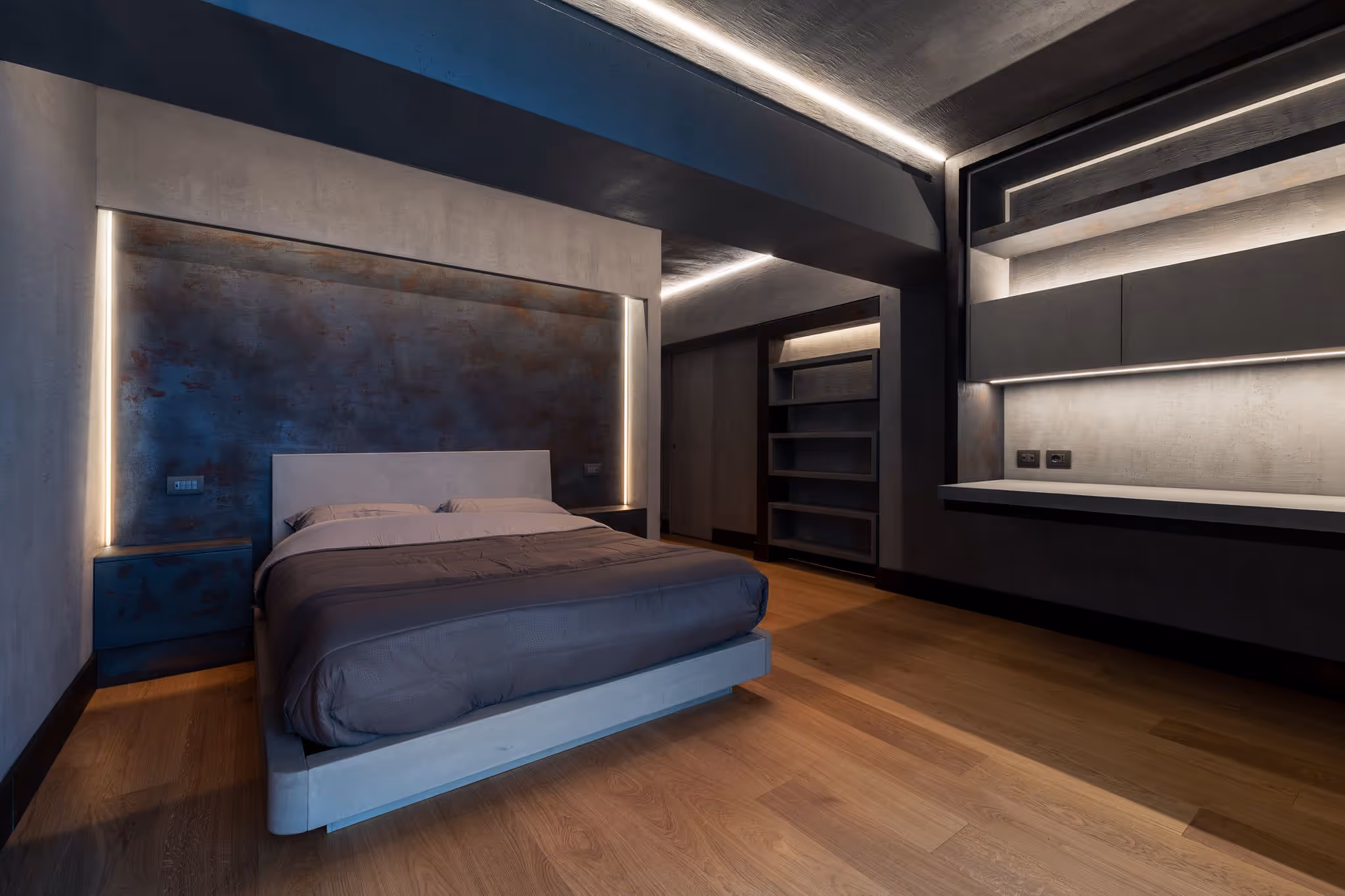 Camera da letto moderna con pareti scure