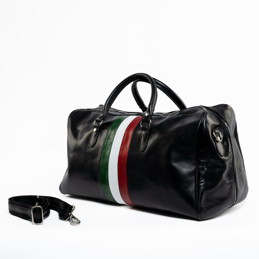 Borsone nero in pelle con banda verde bianca e rossa