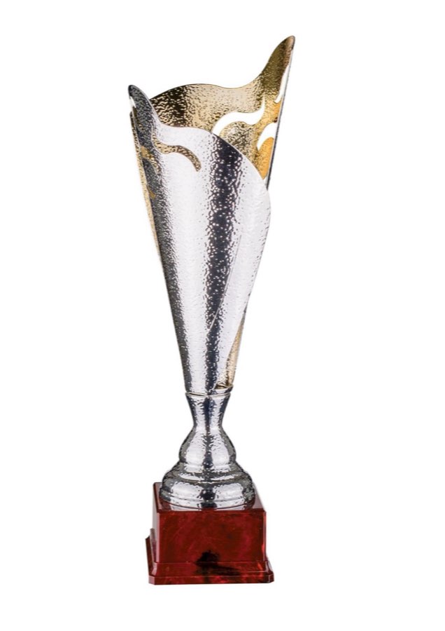 Trofeo argentato e dorato su base rossa