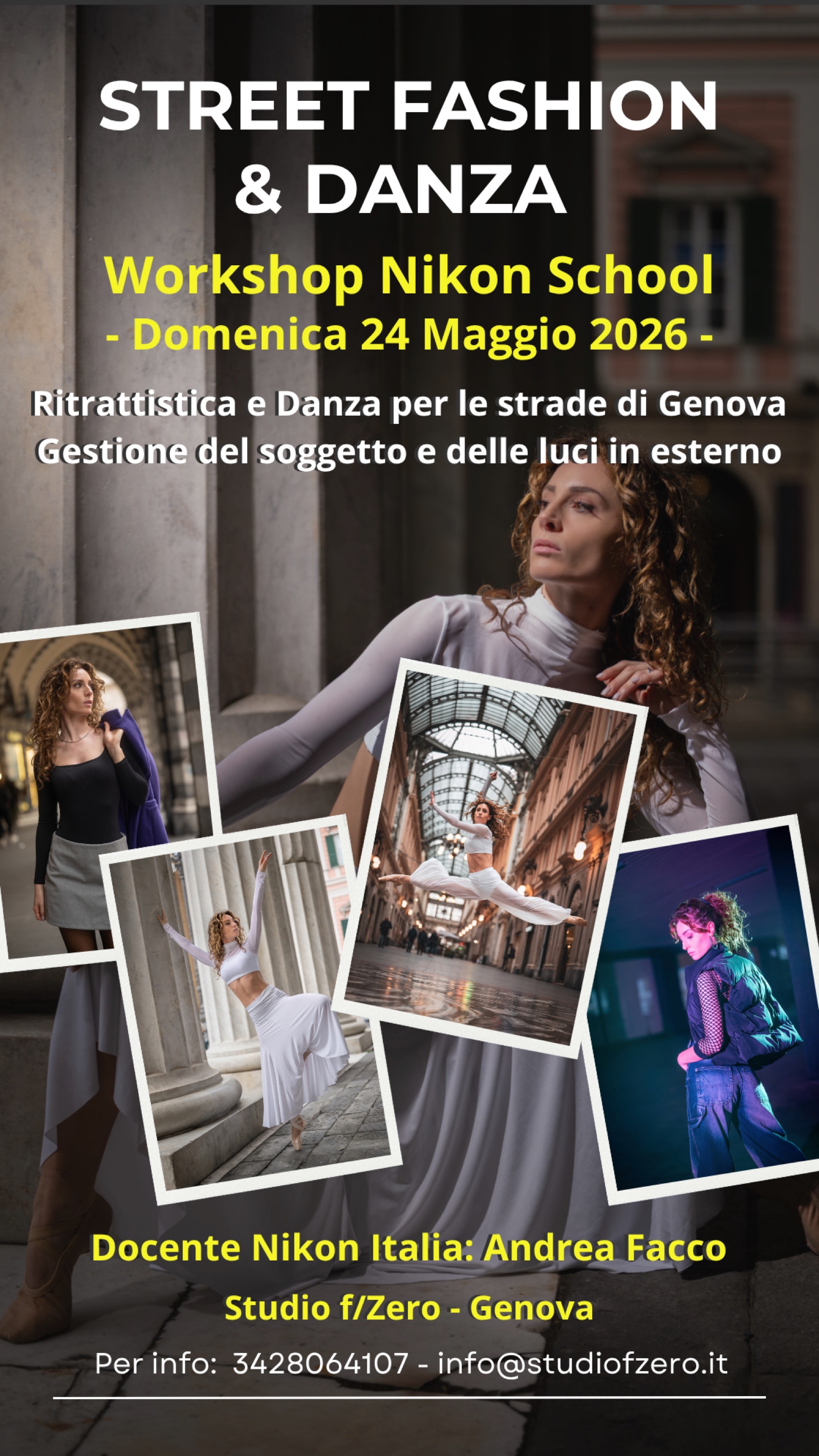Locandina del workshop Nikon School Street Fashion e Danza del 24 maggio 2026 a Genova